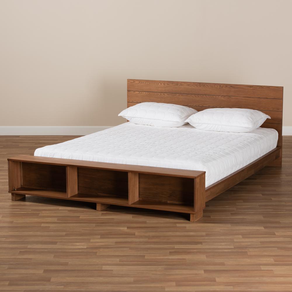 Walnut Brown Finished Wood Queen Size Platform Storage Bed with Built-In Shelves. Picture 17