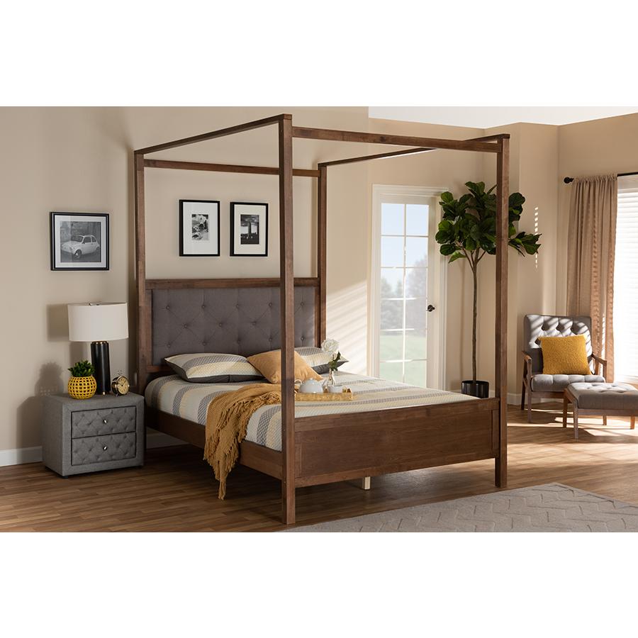 Natasha Modern and Contemporary Grey Fabric Upholstered and Walnut Brown Finished Wood King Size Platform Canopy Bed. Picture 7