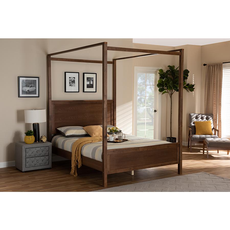 Walnut Brown Finished Wood King Size Platform Canopy Bed. Picture 6