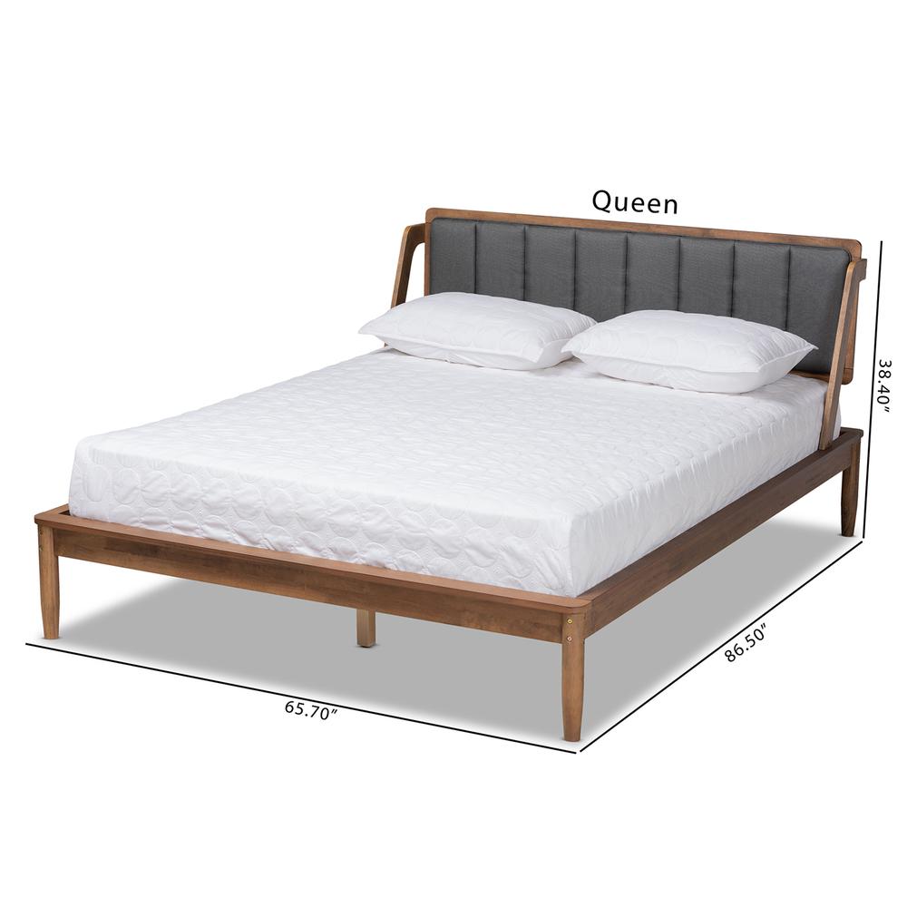 Dark Grey Fabric Upholstered and Walnut Finished Queen Size Platform Bed. Picture 19