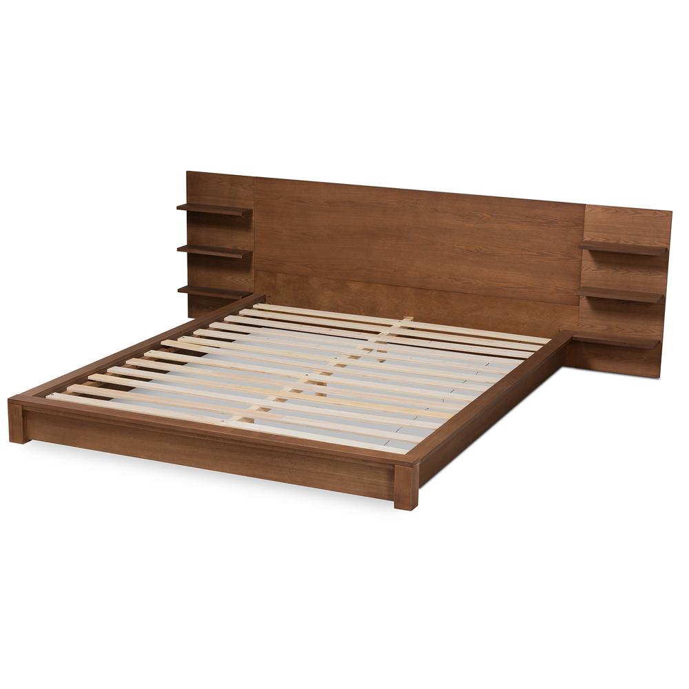 Walnut Brown Finished Wood King Size Platform Storage Bed with Shelves. Picture 12