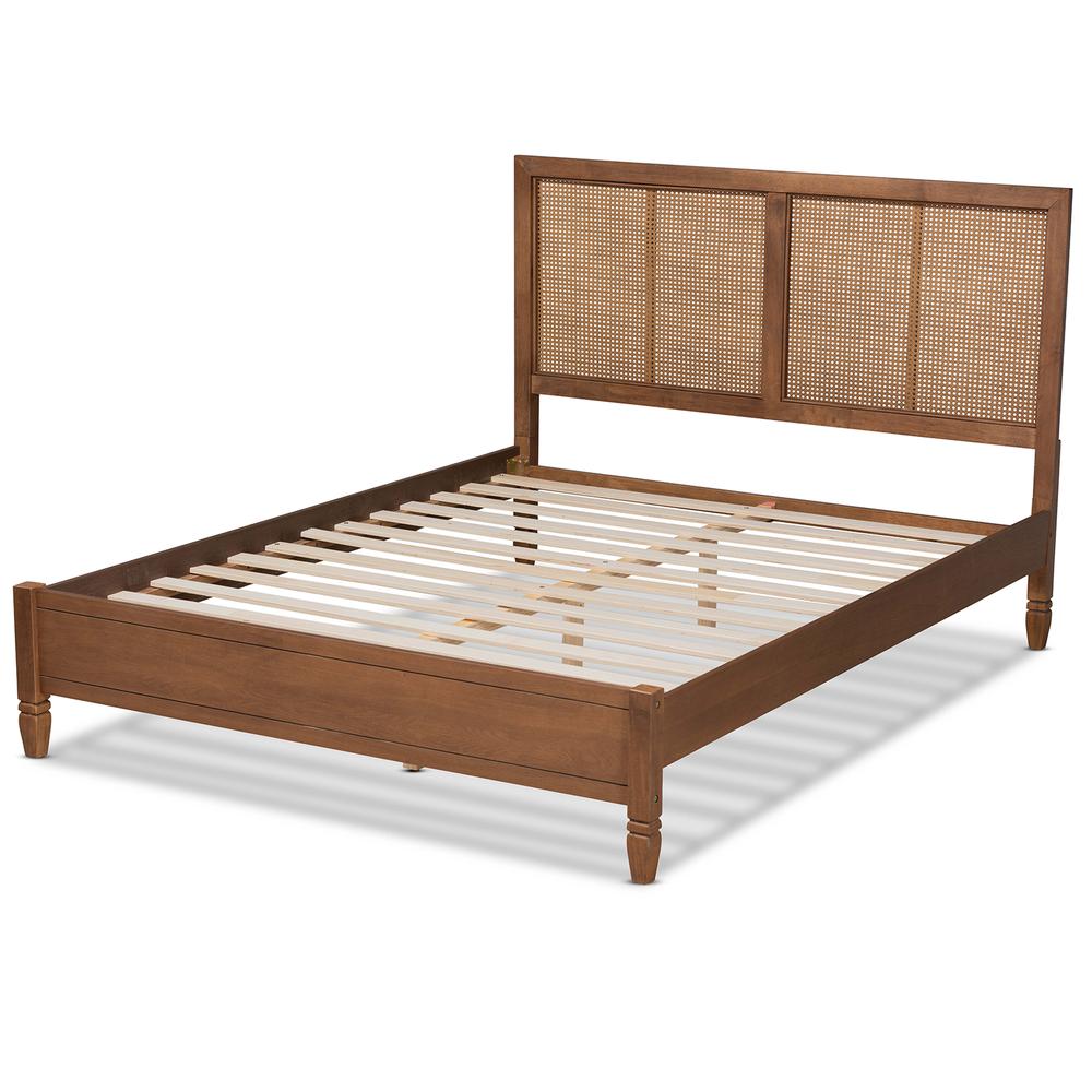 Walnut Brown Finished Wood and Synthetic Rattan Queen Size Platform Bed. Picture 13