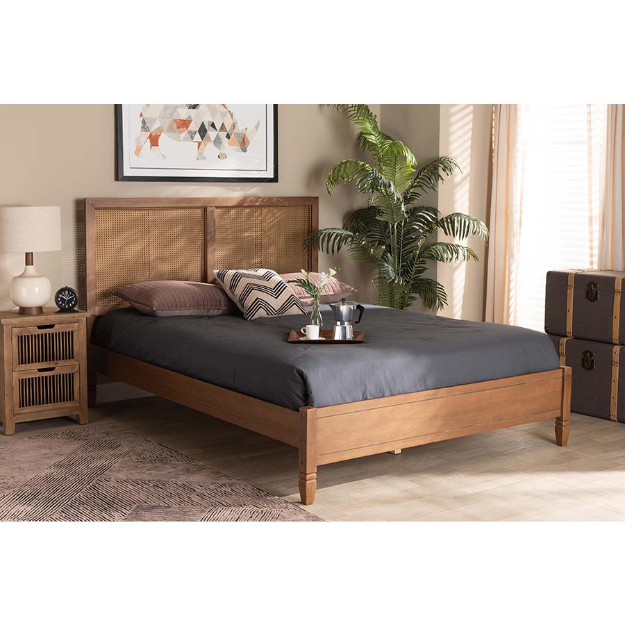 Walnut Brown Finished Wood and Synthetic Rattan Queen Size Platform Bed. Picture 6
