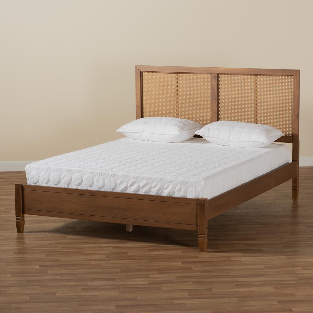 Walnut Brown Finished Wood and Synthetic Rattan Queen Size Platform Bed. Picture 17