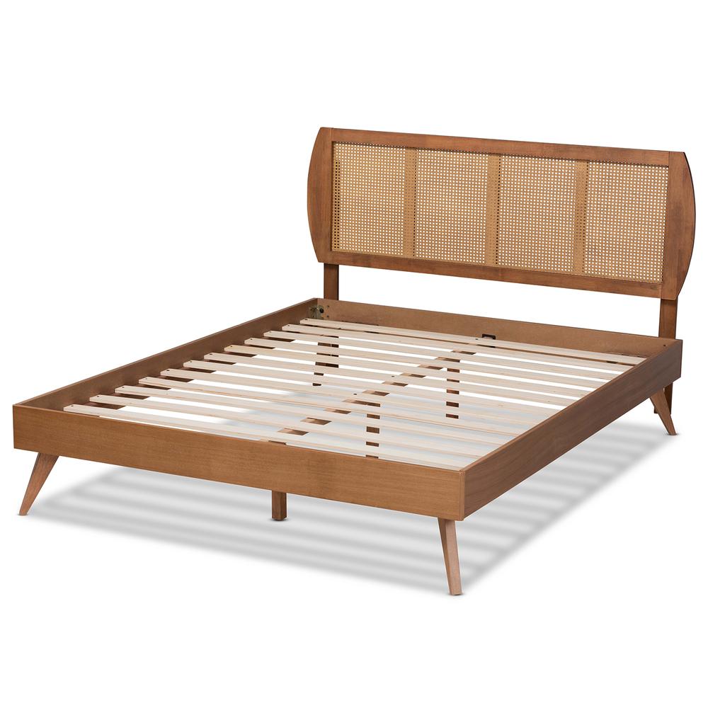 Walnut Brown Finished Wood and Synthetic Rattan Queen Size Platform Bed. Picture 14