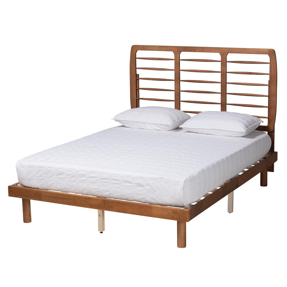 Petra Mid-Century Modern Ash Walnut Finished Wood Queen Size Platform Bed. Picture 11