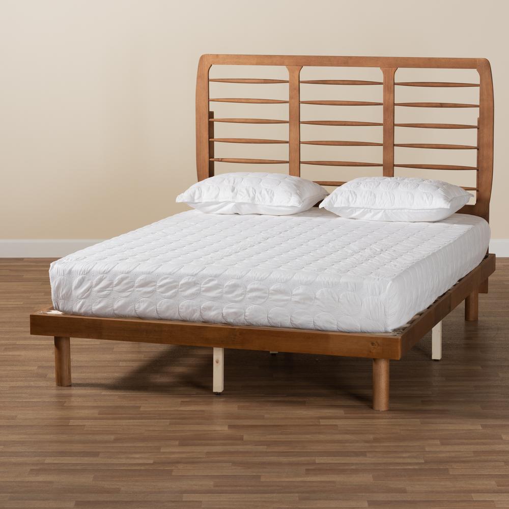 Petra Mid-Century Modern Ash Walnut Finished Wood Queen Size Platform Bed. Picture 17