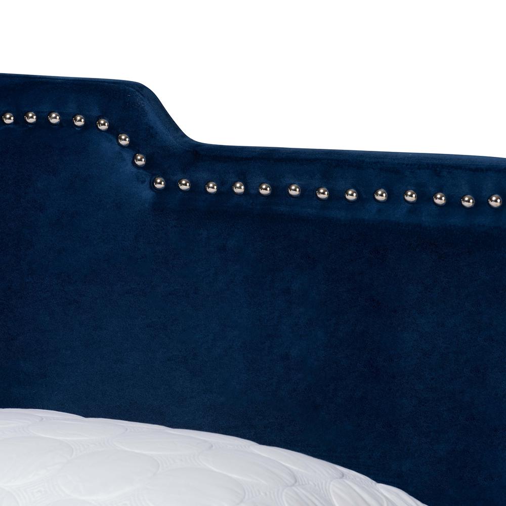 Glam Navy Blue Velvet Fabric Upholstered Queen Size Panel Bed. Picture 13