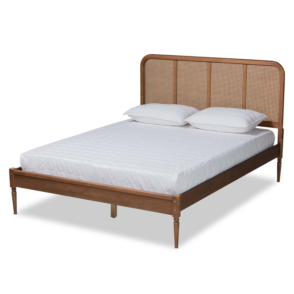 Walnut Brown Finished Wood and Synthetic Rattan Queen Size Platform Bed. Picture 12