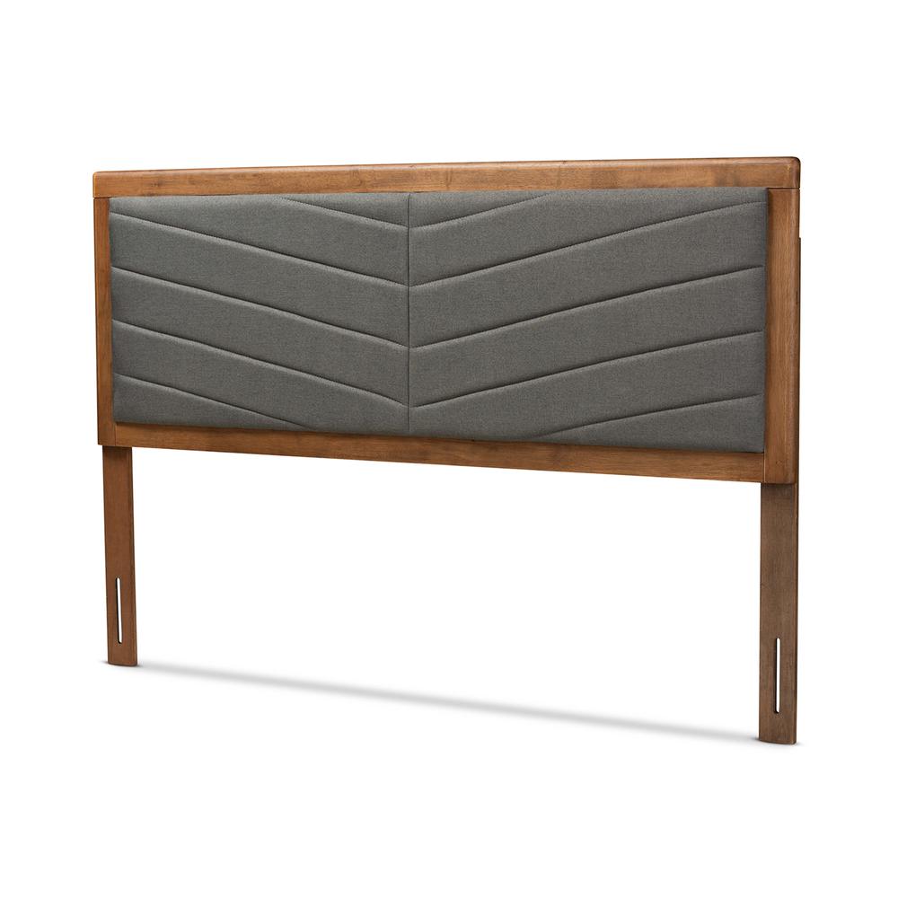 Dark Grey Fabric Upholstered and Walnut Brown Finished Wood King Size Headboard. Picture 10