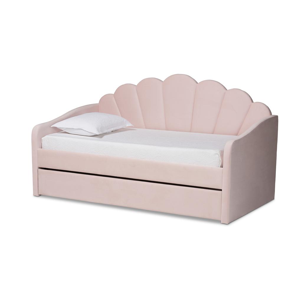 Light Pink Velvet Fabric Upholstered Twin Size Daybed with Trundle. Picture 14