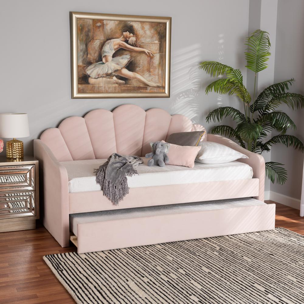 Light Pink Velvet Fabric Upholstered Twin Size Daybed with Trundle. Picture 23