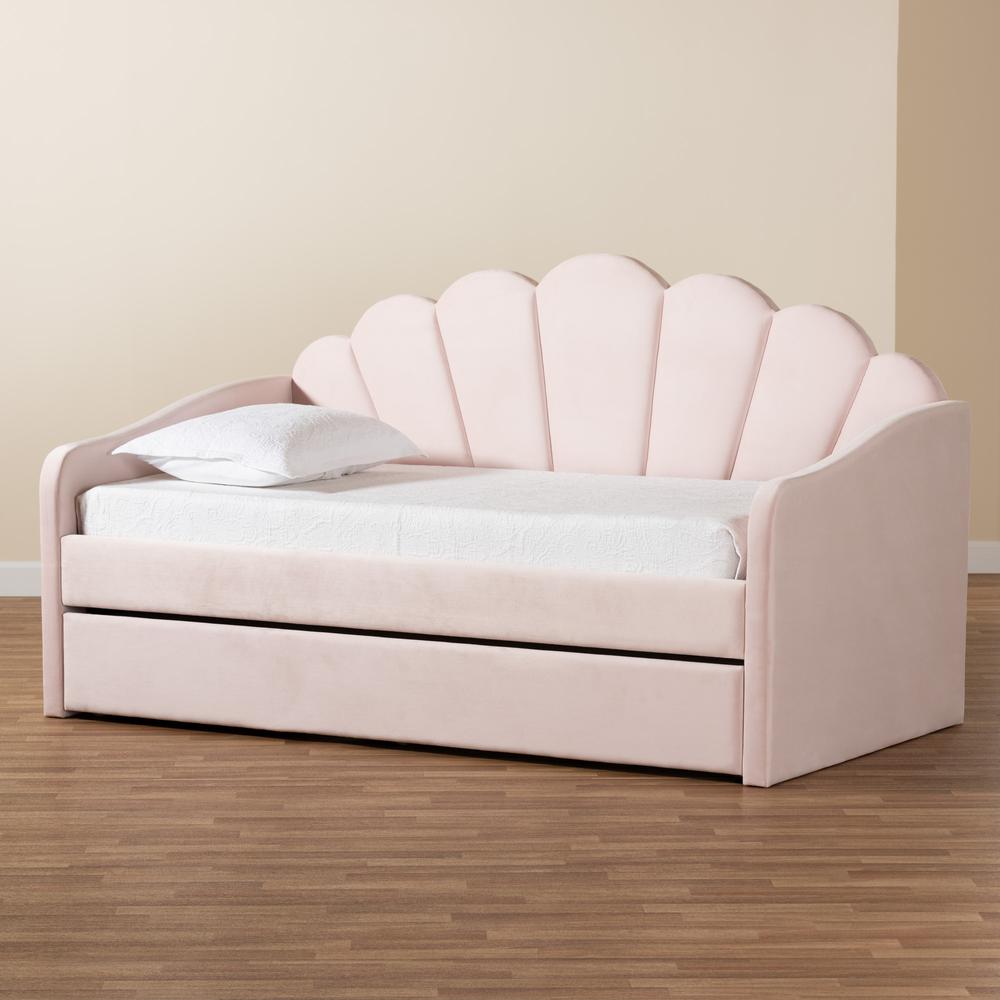 Light Pink Velvet Fabric Upholstered Twin Size Daybed with Trundle. Picture 24