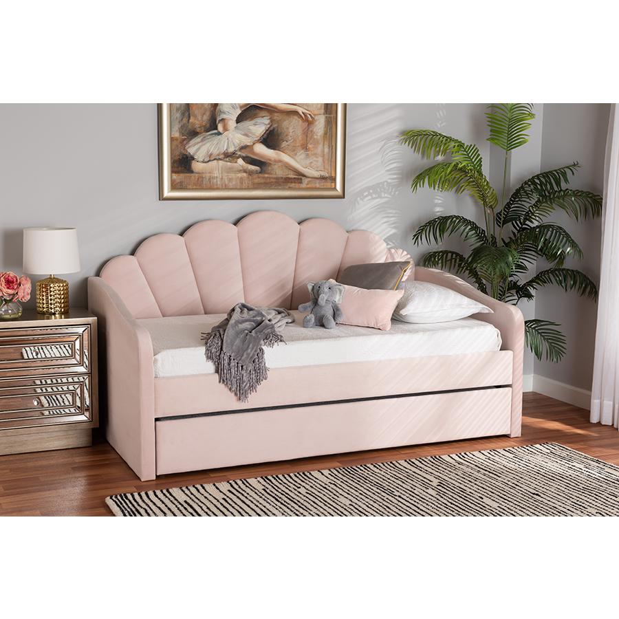 Light Pink Velvet Fabric Upholstered Twin Size Daybed with Trundle. Picture 9