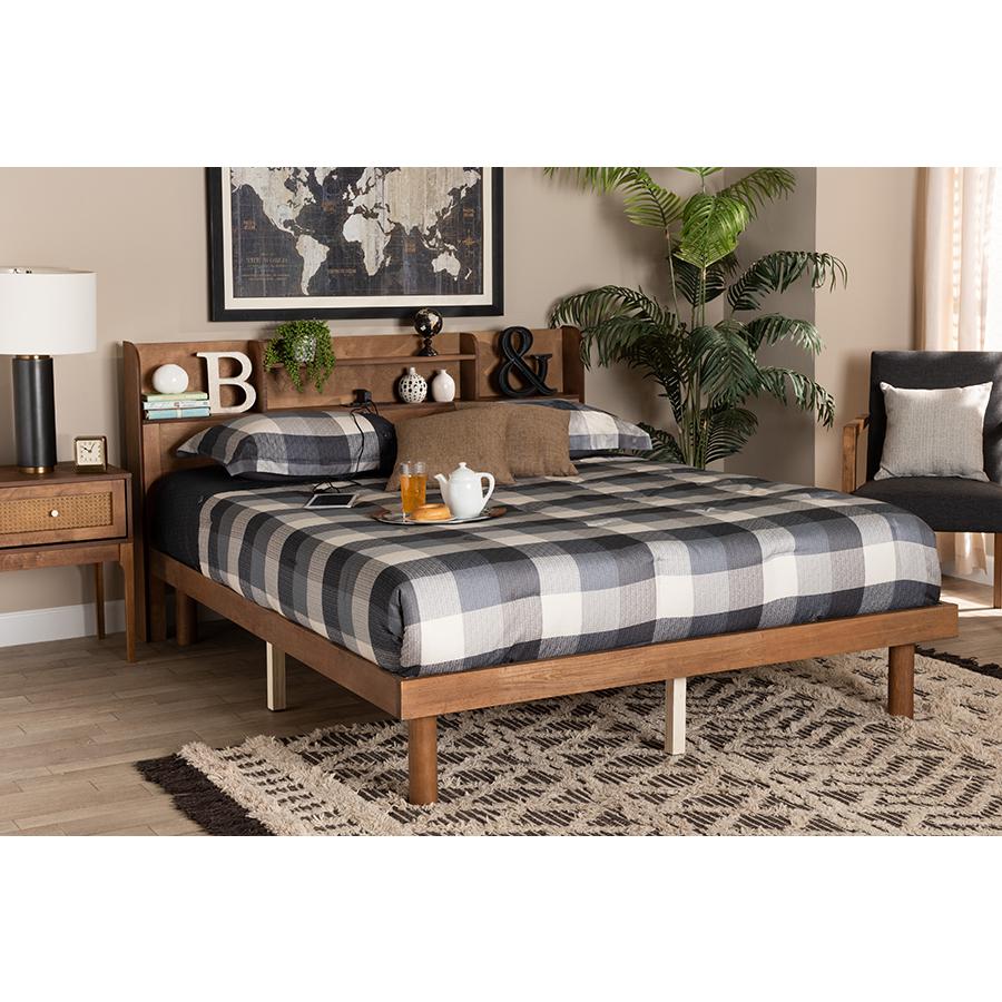 Walnut Brown Finished Wood Queen Size Platform Bed with Charging Station. Picture 8