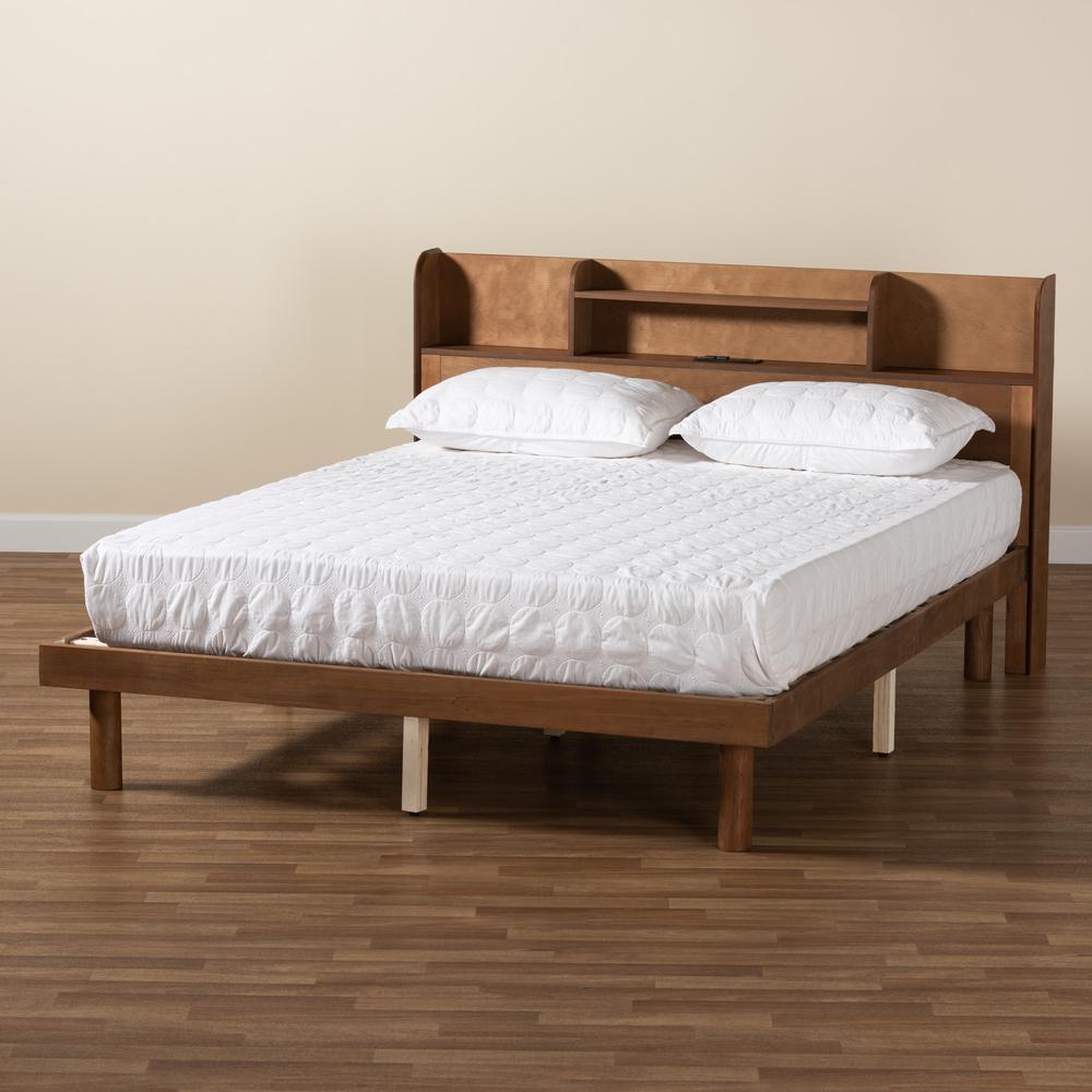 Walnut Brown Finished Wood Queen Size Platform Bed with Charging Station. Picture 20