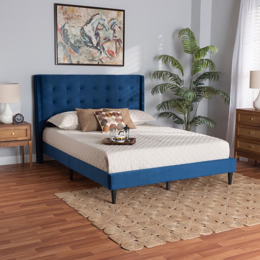 Navy Blue Velvet Fabric and Dark Brown Finished Wood King Size Platform Bed. Picture 7