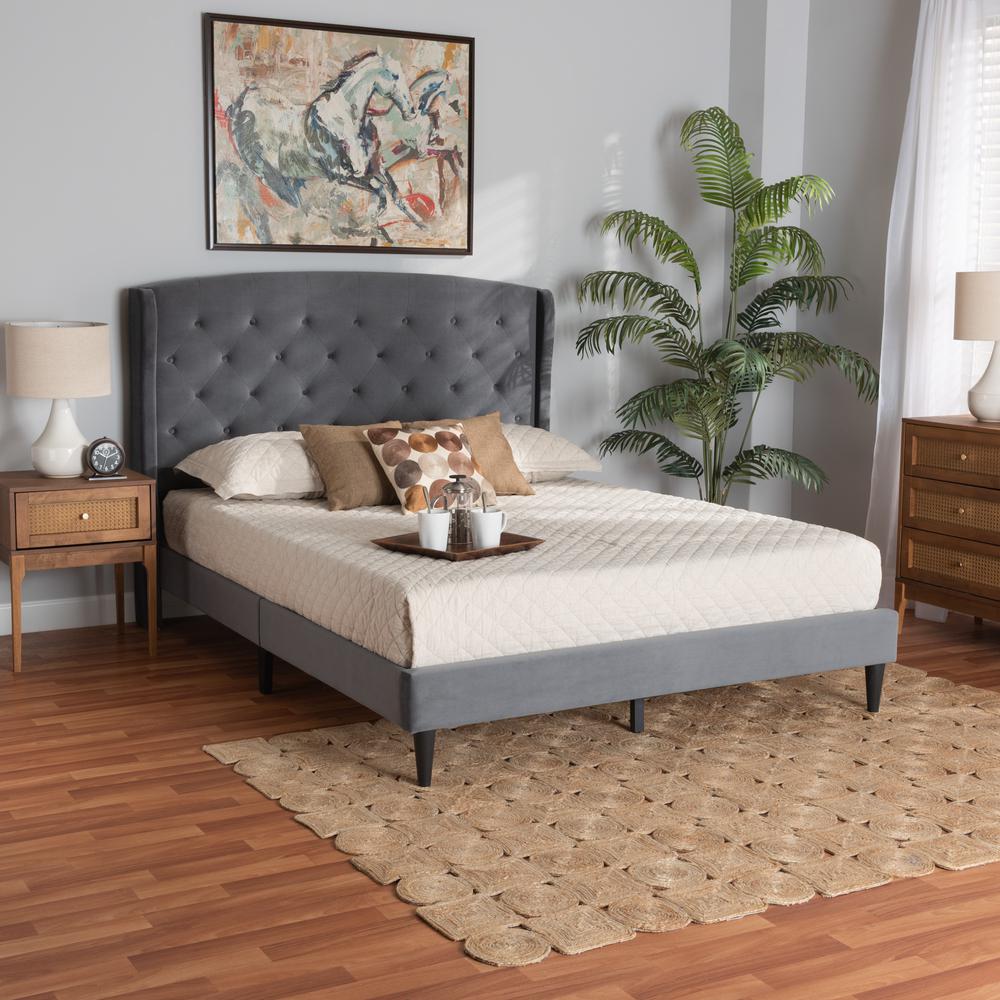 Grey Velvet Fabric and Dark Brown Finished Wood King Size Platform Bed. Picture 8
