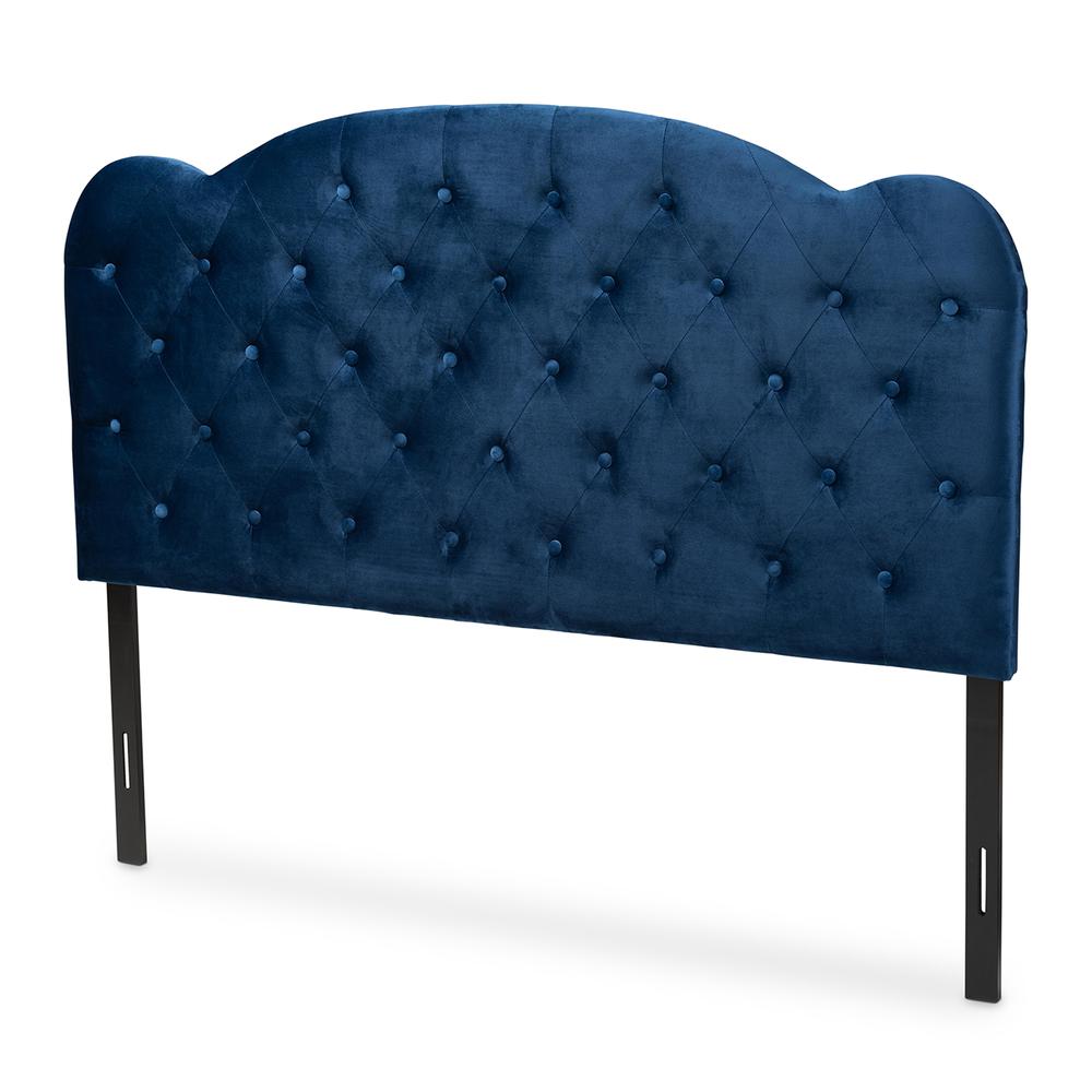 Navy Blue Velvet Fabric Upholstered King Size Headboard. Picture 9