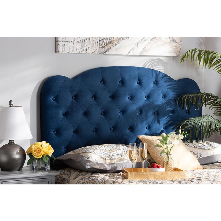 Navy Blue Velvet Fabric Upholstered King Size Headboard. Picture 4