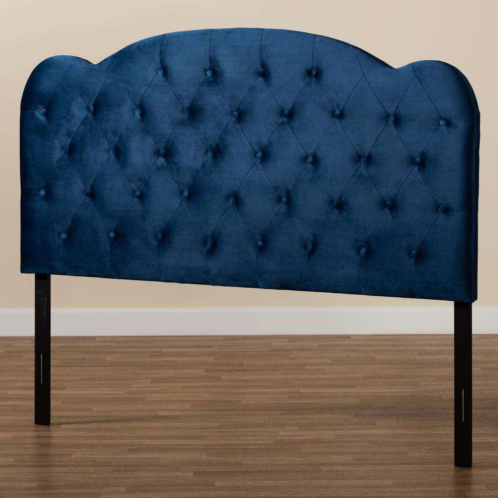 Navy Blue Velvet Fabric Upholstered King Size Headboard. Picture 13