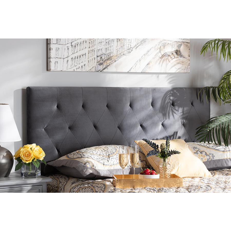 Felix Modern and Contemporary Grey Velvet Fabric Upholstered King Size Headboard. Picture 4