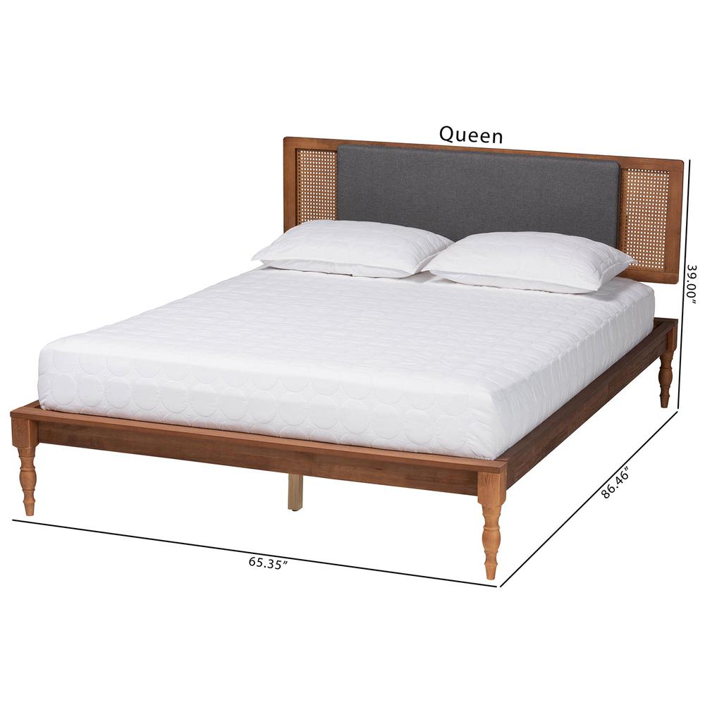 Dark Grey Fabric and Walnut Brown Finished Wood Queen Size Platform Bed. Picture 21