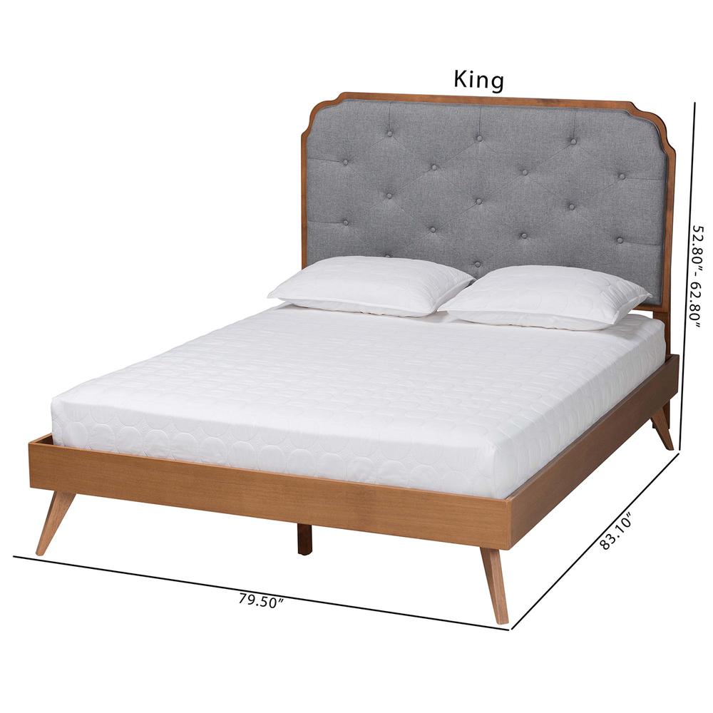 Grey Fabric and Walnut Brown Wood King Size Platform Bed. Picture 21