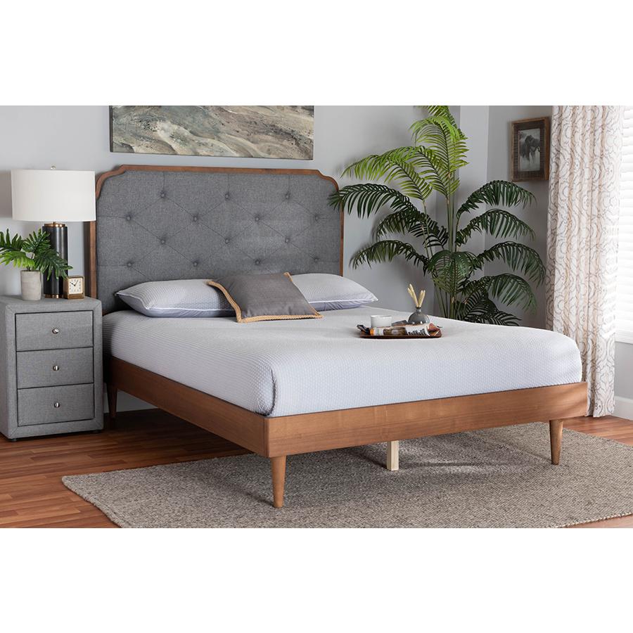 Grey Fabric and Walnut Brown Wood King Size Platform Bed. Picture 7