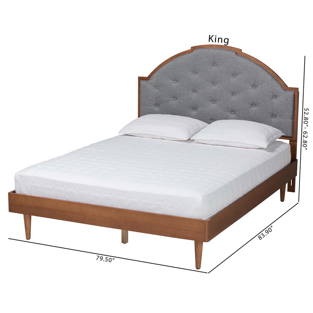 Grey Fabric and Walnut Brown Wood King Size Platform Bed. Picture 21