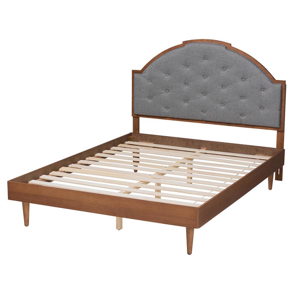 Grey Fabric and Walnut Brown Wood King Size Platform Bed. Picture 14