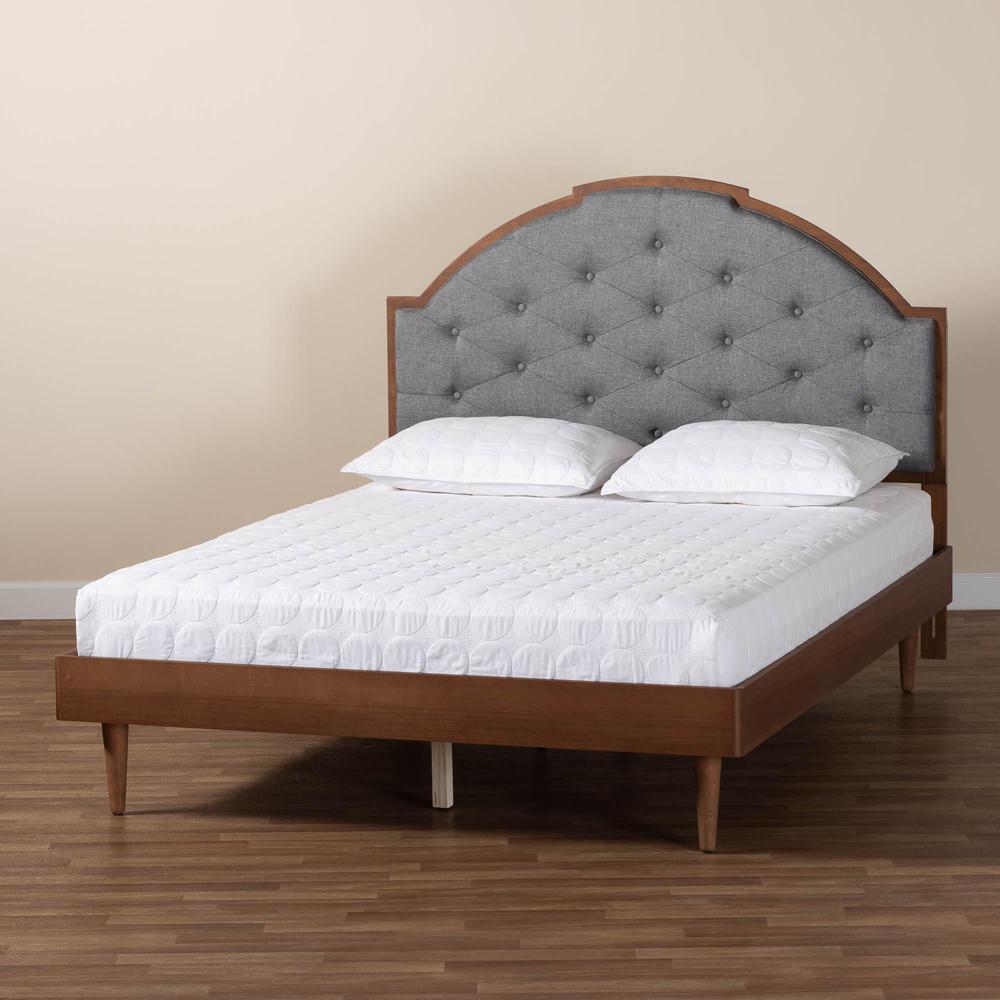 Grey Fabric and Walnut Brown Wood King Size Platform Bed. Picture 19