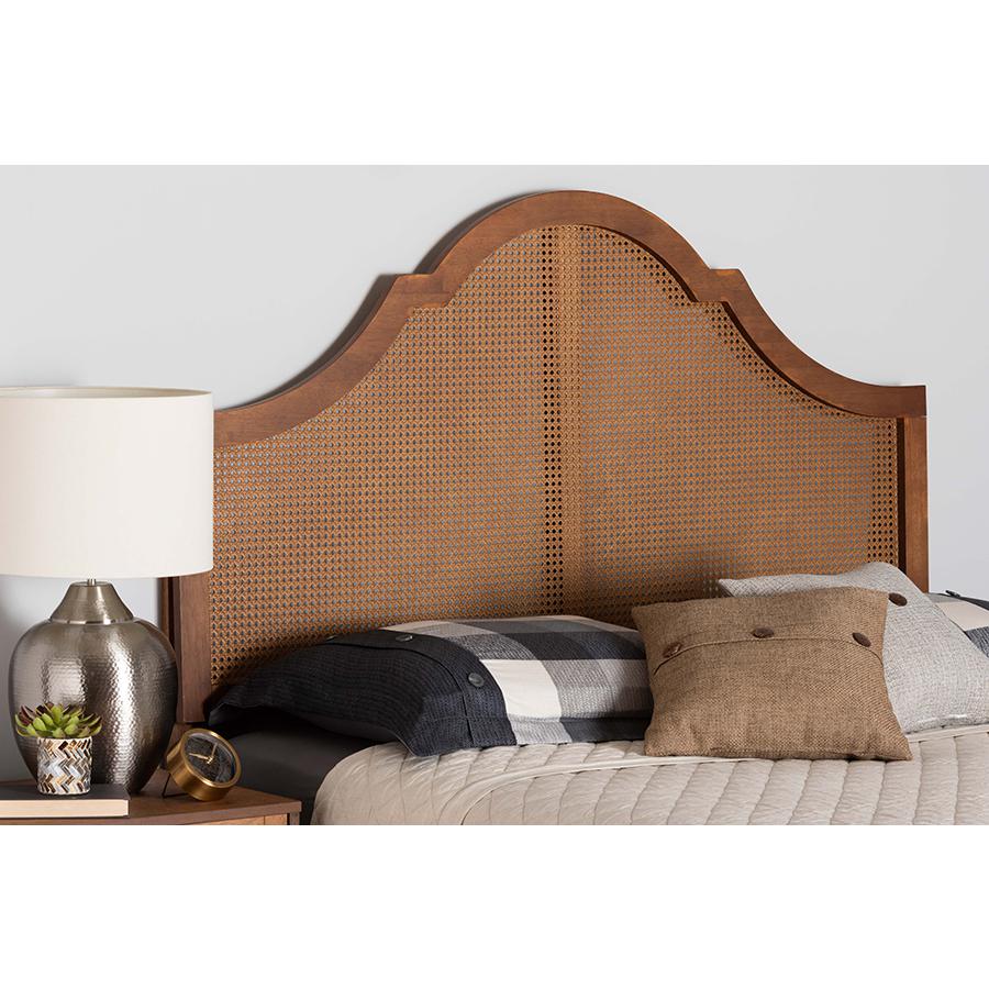 Traditional Ash Walnut Finished Wood Queen Size Headboard with Rattan. Picture 5