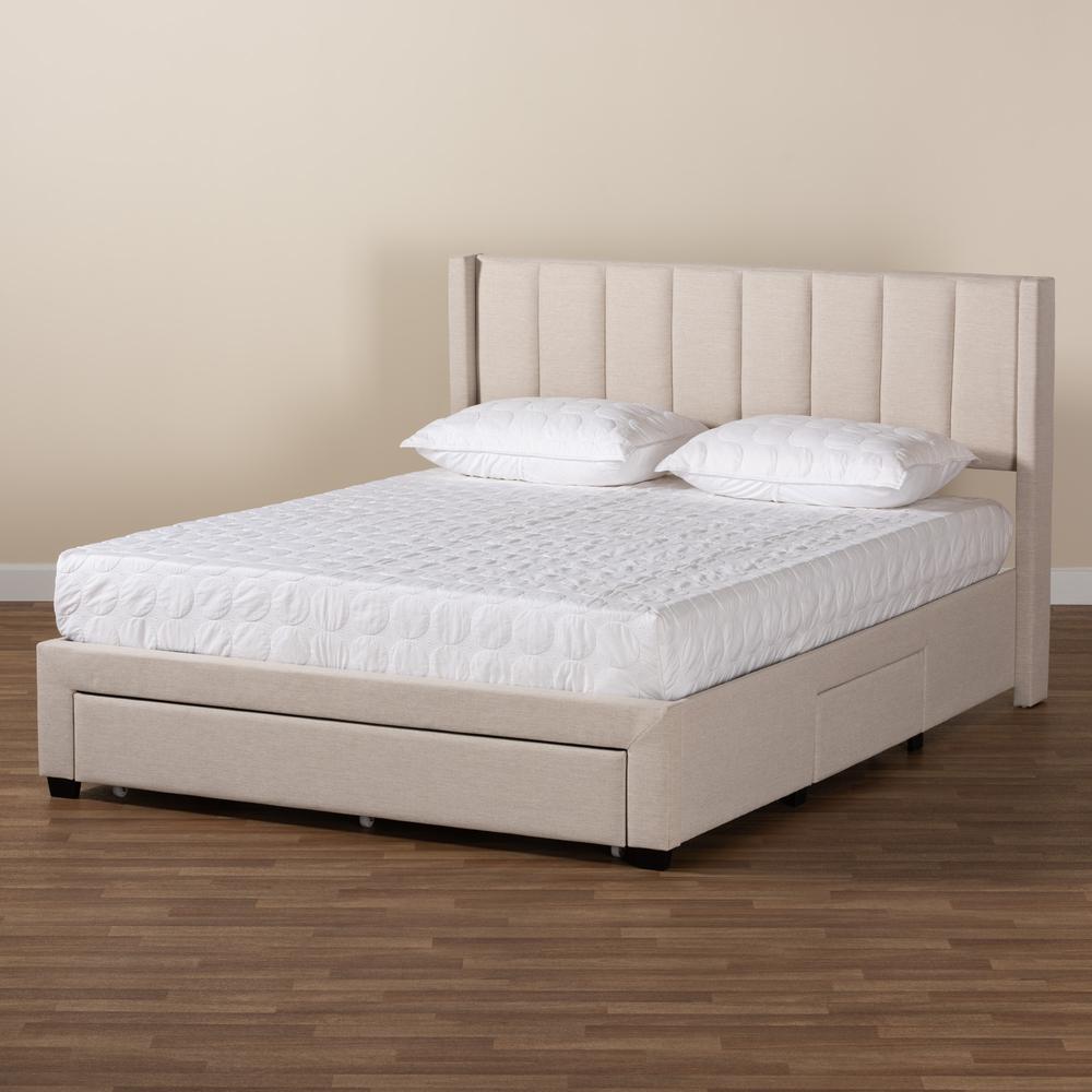Transitional Beige Fabric Queen Size 3-Drawer Storage Platform Bed. Picture 26