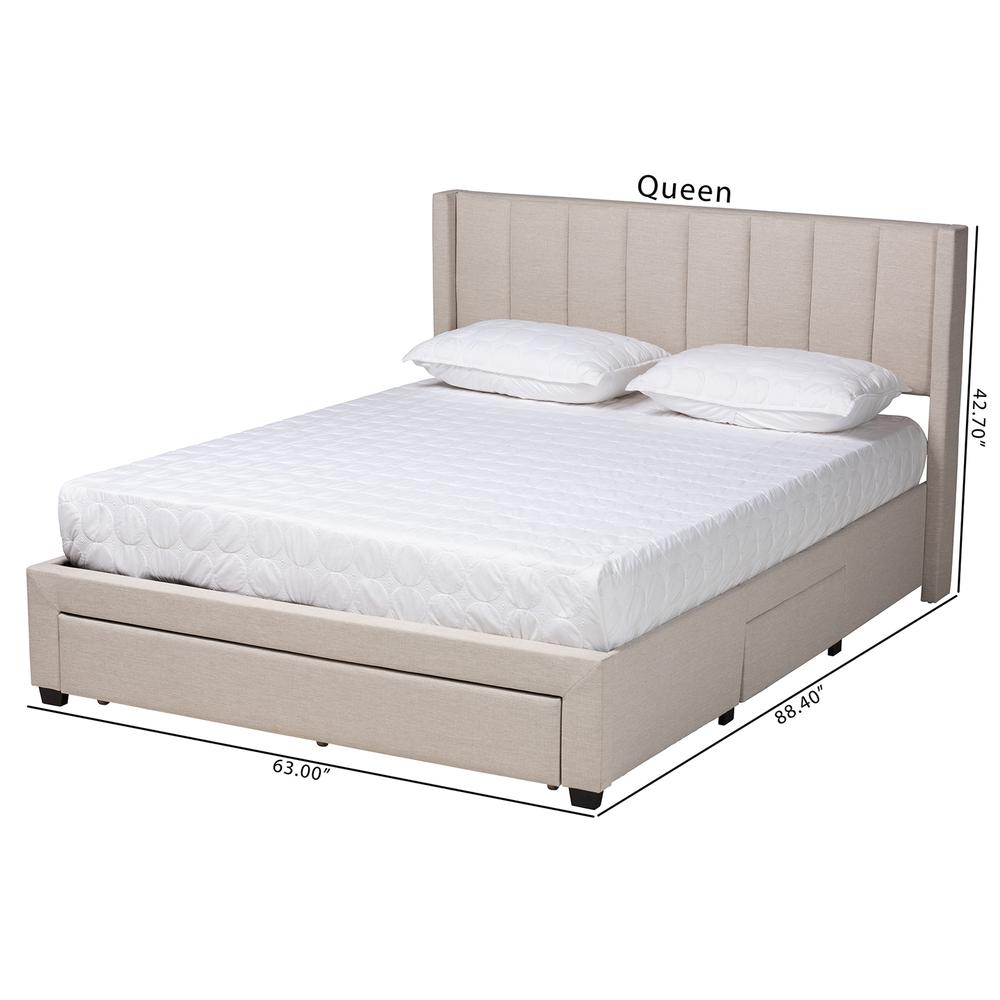 Transitional Beige Fabric Queen Size 3-Drawer Storage Platform Bed. Picture 28