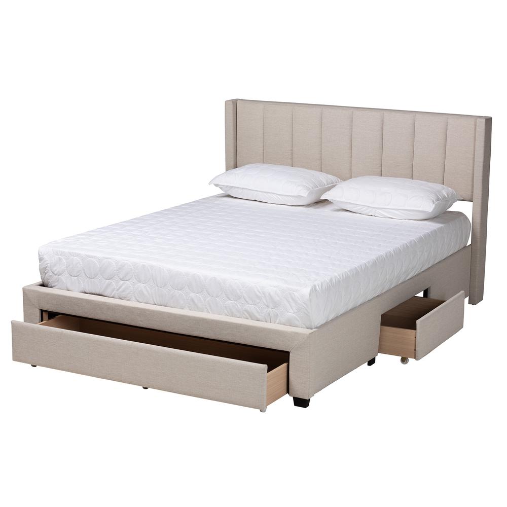 Transitional Beige Fabric Queen Size 3-Drawer Storage Platform Bed. Picture 16