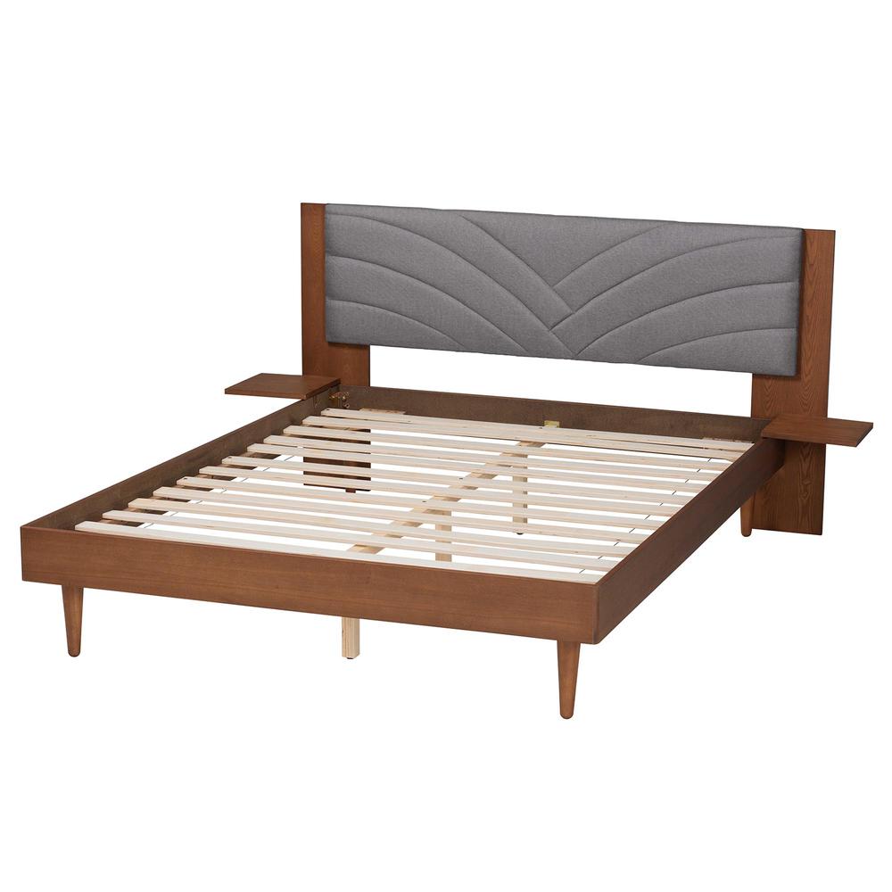 Walnut Brown Wood King Size Platform Bed With Floating Side Table. Picture 14
