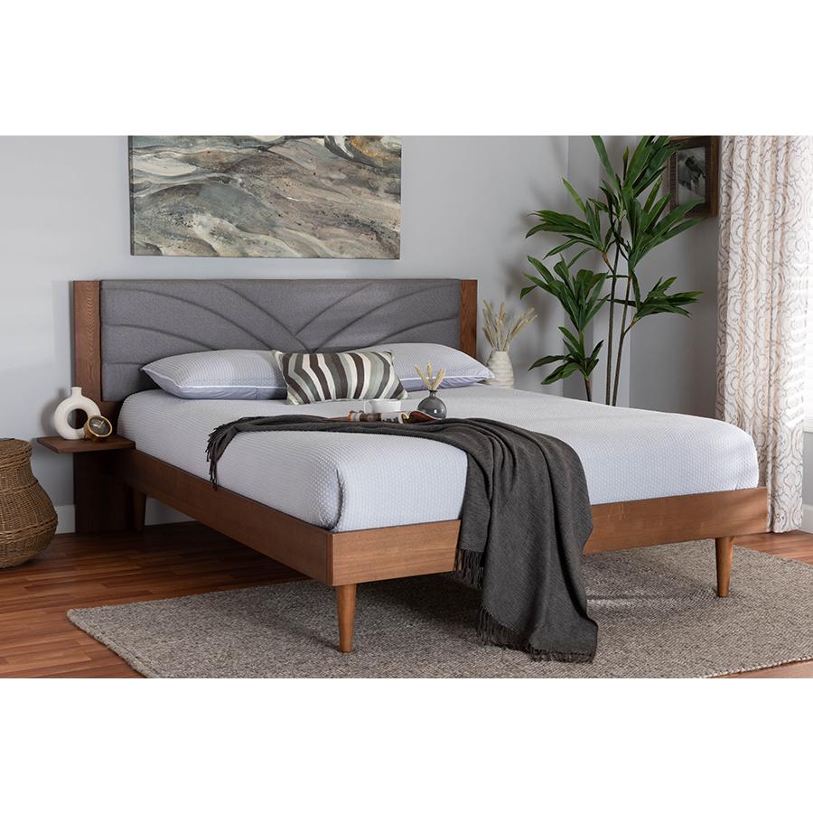 Walnut Brown Wood King Size Platform Bed With Floating Side Table. Picture 8