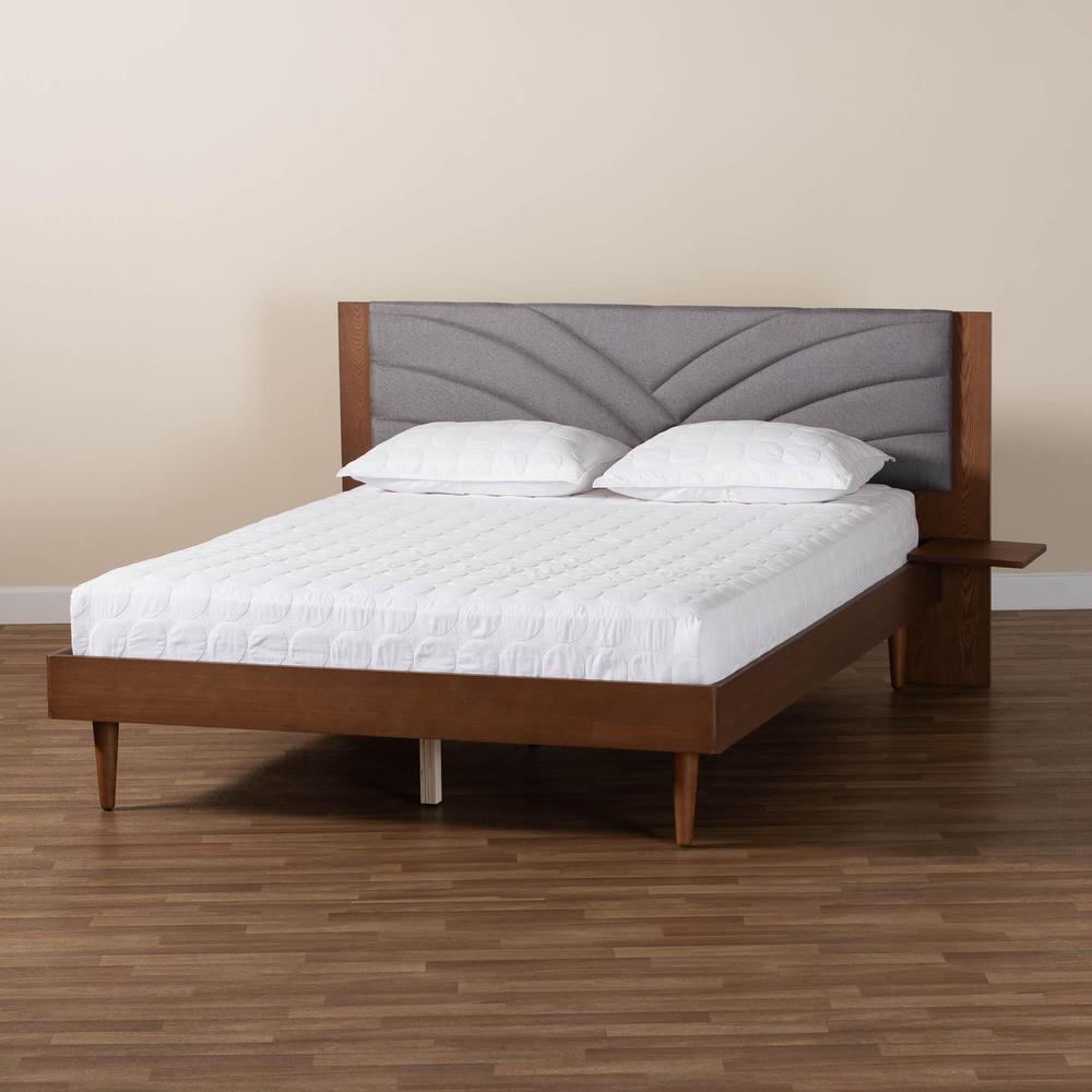 Walnut Brown Wood King Size Platform Bed With Floating Side Table. Picture 20