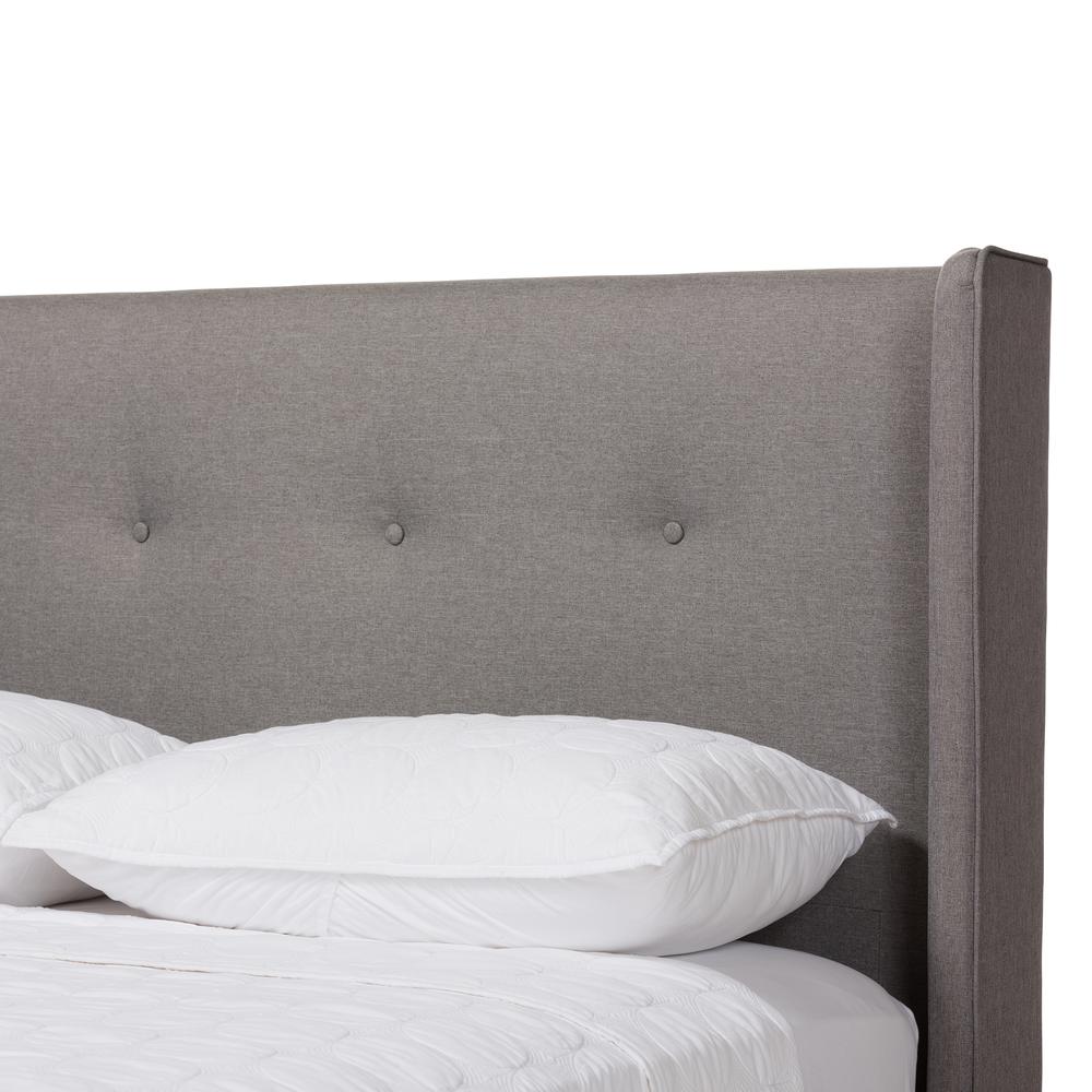 Brooklyn Mid-Century Modern Walnut Wood Grey Fabric King Size Platform Bed. Picture 15