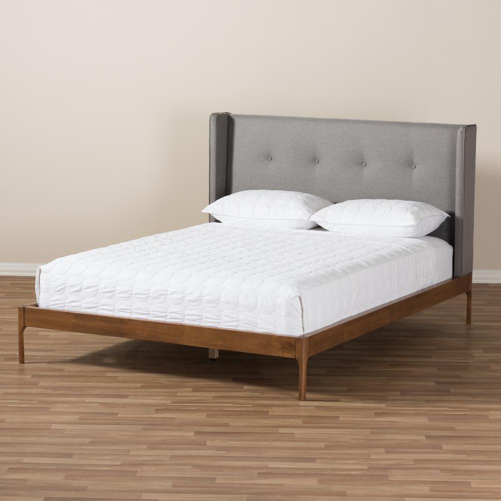 Brooklyn Mid-Century Modern Walnut Wood Grey Fabric King Size Platform Bed. Picture 19