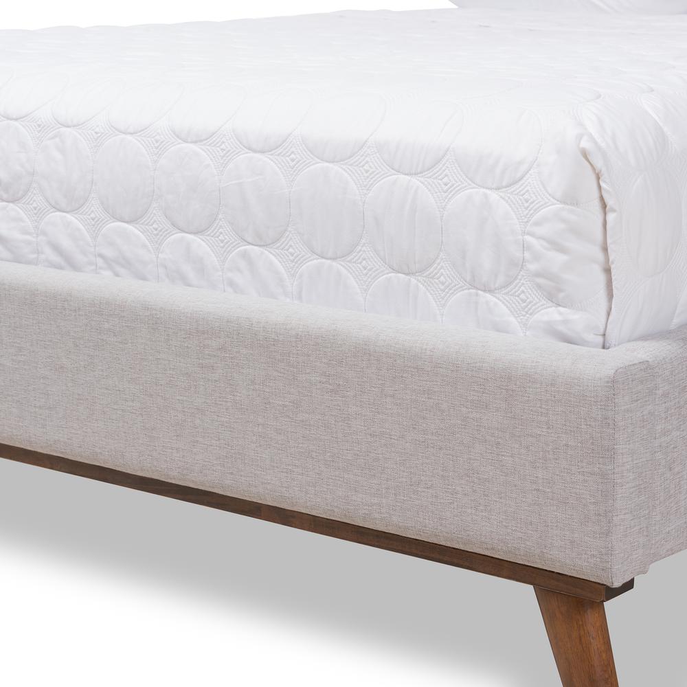 Valencia Mid-Century Modern Greyish Beige Fabric Queen Size Platform Bed. Picture 16