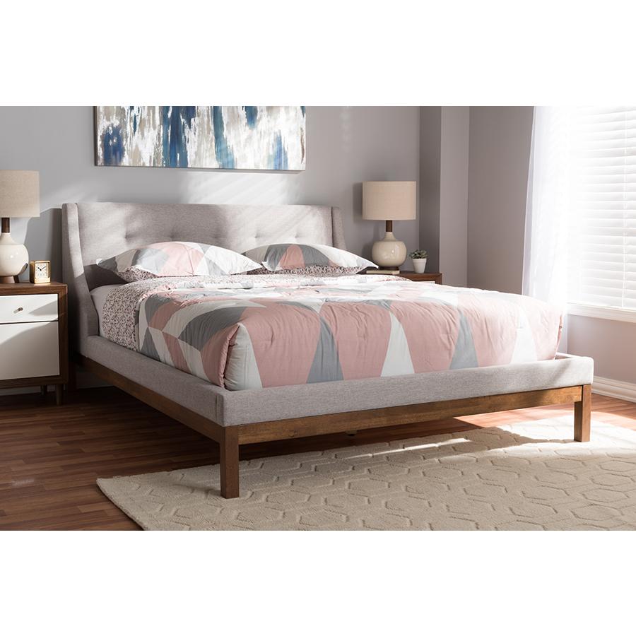 Greyish Beige Fabric Upholstered Walnut-Finished Queen Sized Platform Bed. Picture 6