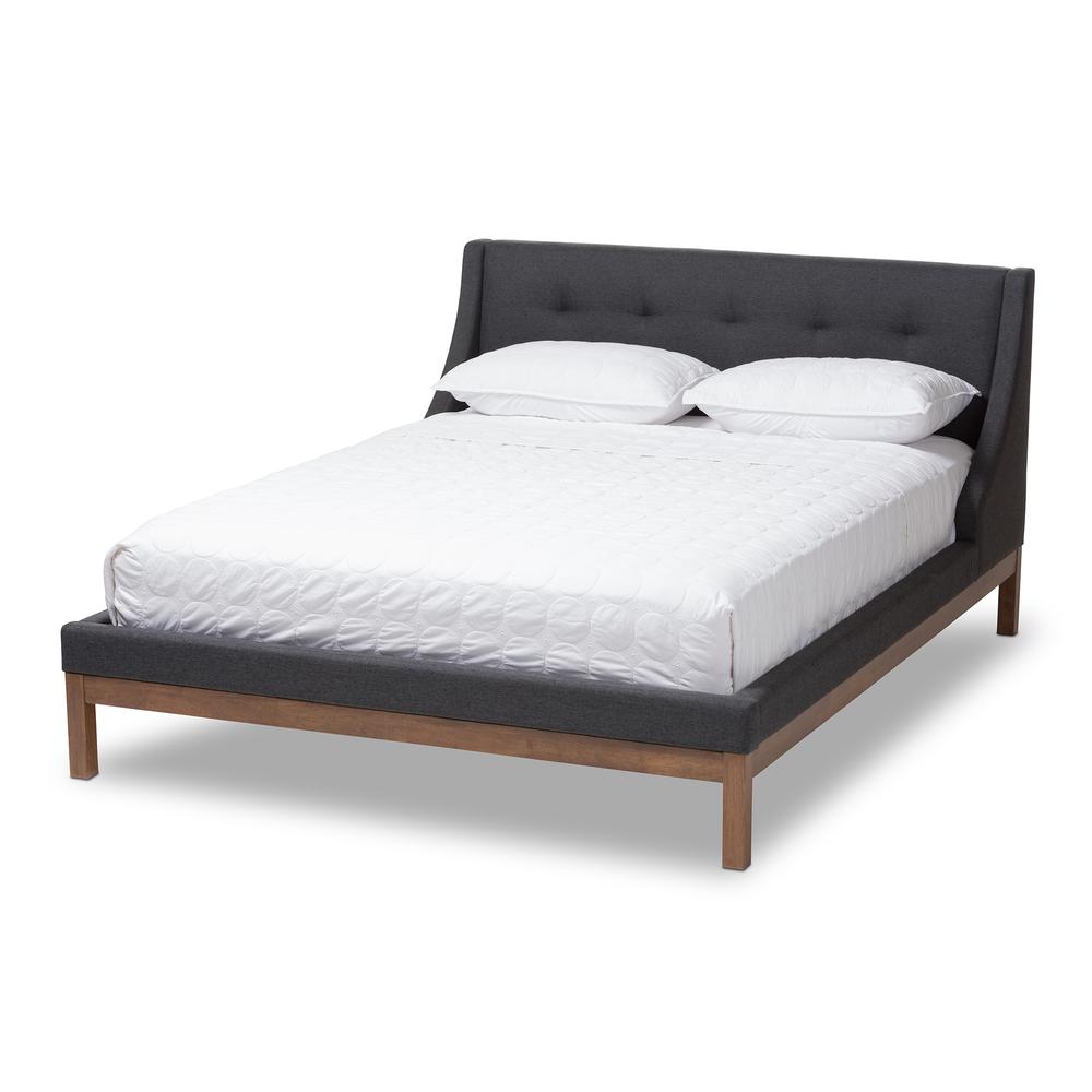 Dark Grey Fabric Upholstered Walnut-Finished Queen Sized Platform Bed. Picture 8