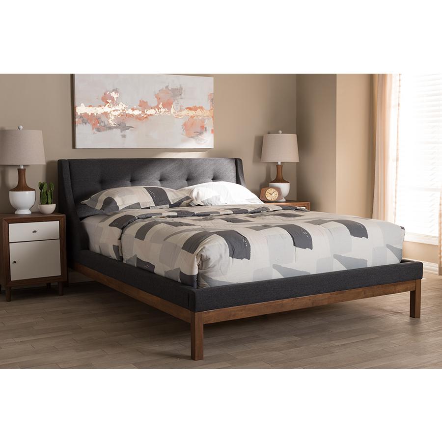 Dark Grey Fabric Upholstered Walnut-Finished Queen Sized Platform Bed. Picture 6
