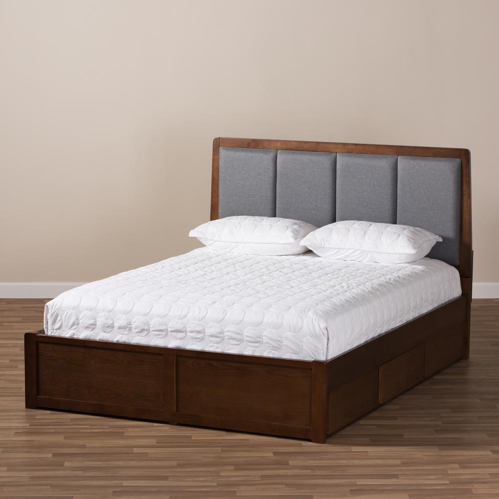 Dark Grey Fabric Upholstered Walnut Finished King Size Storage Platform Bed. Picture 22