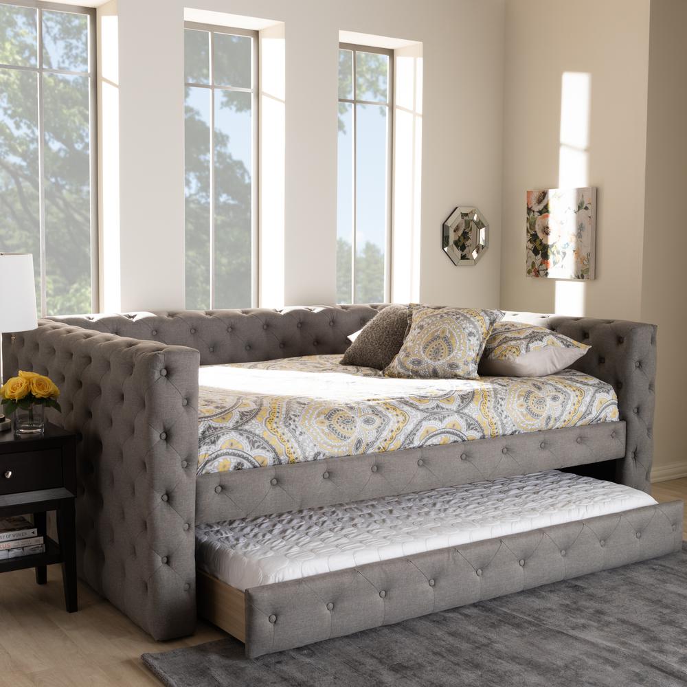 Anabella Modern and Contemporary Grey Fabric Upholstered Queen Size Daybed with Trundle. Picture 10