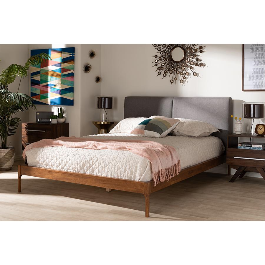 Grey Fabric Upholstered Walnut Finished Queen Size Platform Bed. Picture 6