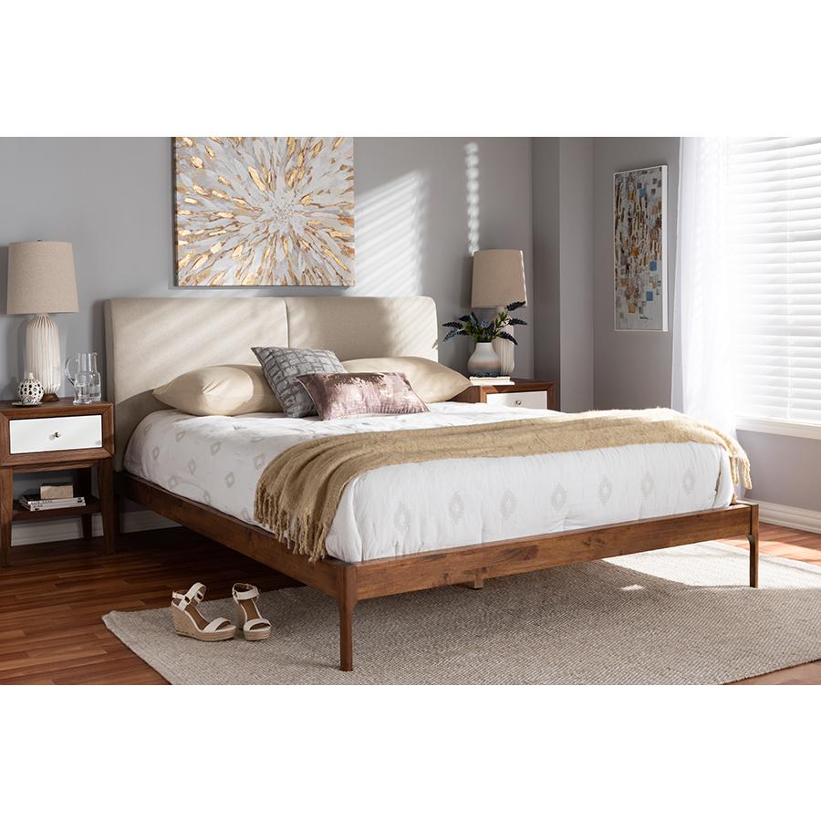 Beige Fabric Upholstered Walnut Finished Queen Size Platform Bed. Picture 6