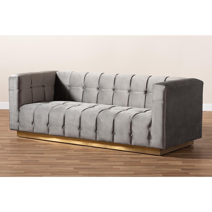 Loreto Glam and Luxe Grey Velvet Fabric Upholstered Brushed Gold Finished Sofa. Picture 19